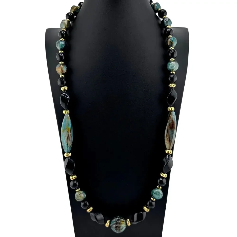Vintage 1980s 1990s Teal Marbled Acrylic Black Gold Tone Beads 29